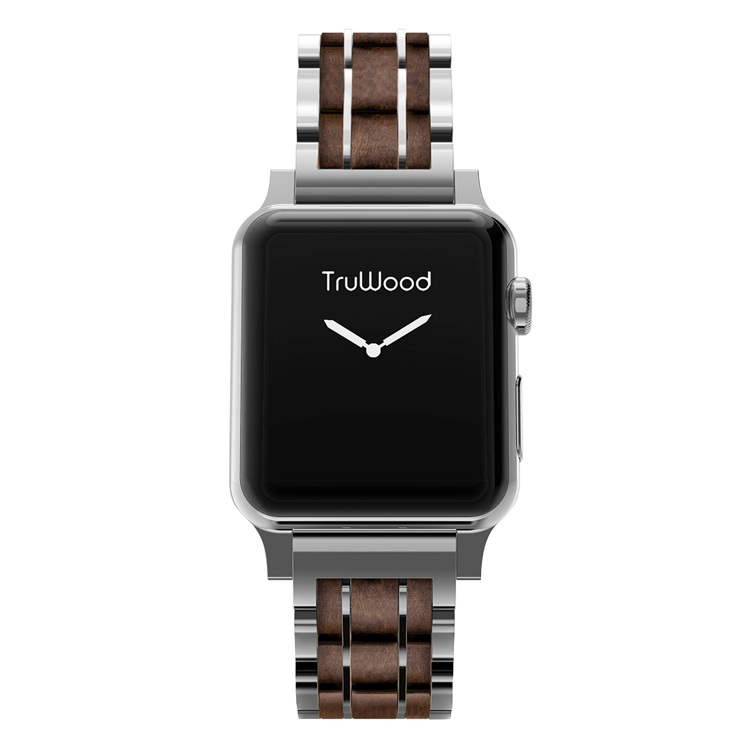 TruWood Classic Black Mahogany Wood Apple Watch Band With Silver Metal