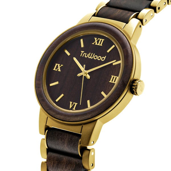 TruWood Prosper Black Sandalwood Watch Gold Metal for Men display picture 1