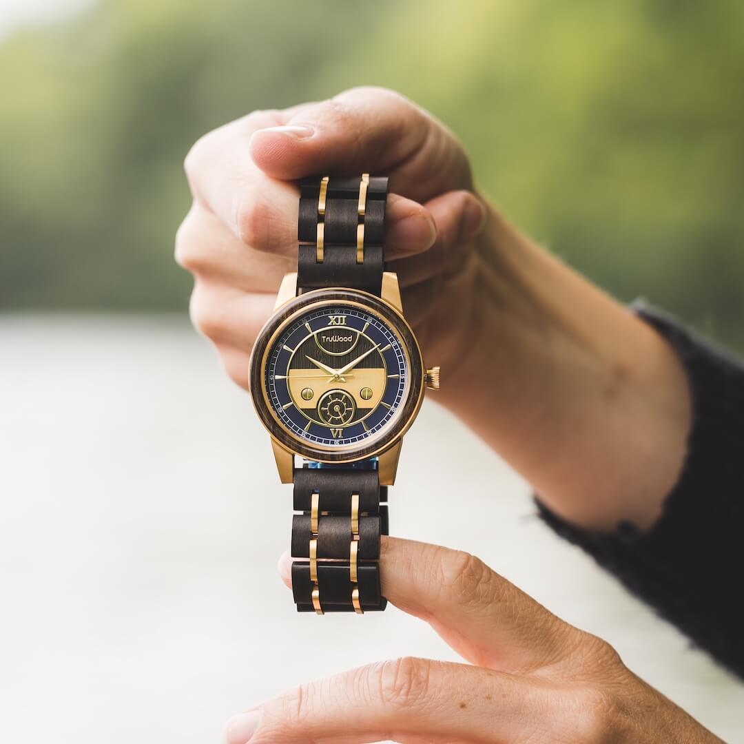 TruWood Columbus Black Mahogany Wood and Gold Metal Watch for Men
