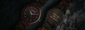  Close-up of a Truwood engraved watch with dark wood finish and
custom message on back – wooden engraved watches