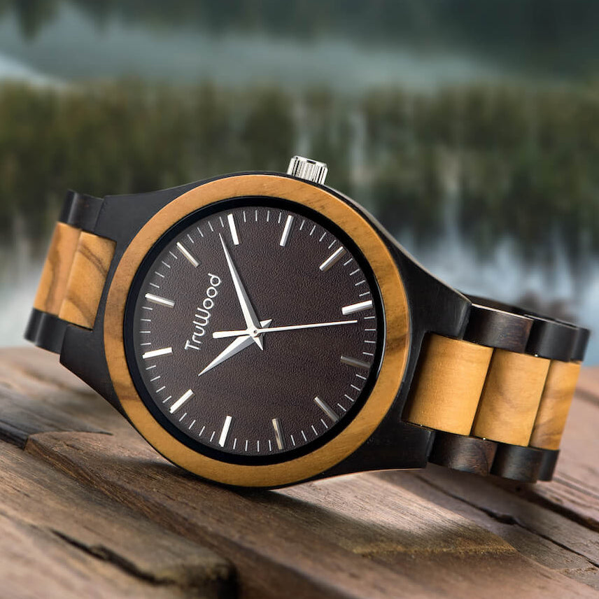 TruWood Columbus Black Mahogany Wood and Gold Metal Watch for Men