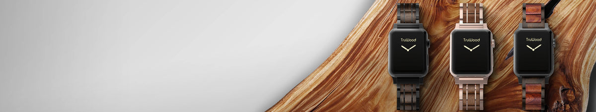 Wooden Apple Watch bands featuring natural wood and stainless steel links, compatible with all Apple Watch sizes