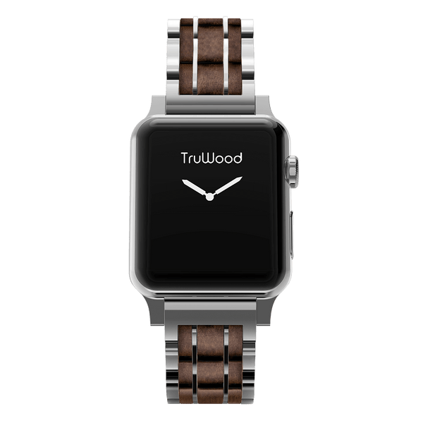 TruWood Classic Black Mahogany Wood Apple Watch Band With Silver Metal