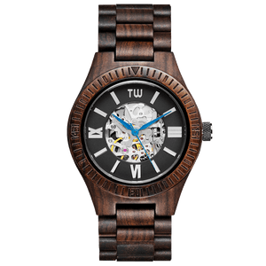 TruWood Atlas Black Mahogany Wood Automatic Skeleton Watch for Men