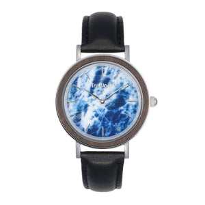 TruWood Earth Black Mahogany Wood Watch Blue Marble Black Leather Band
